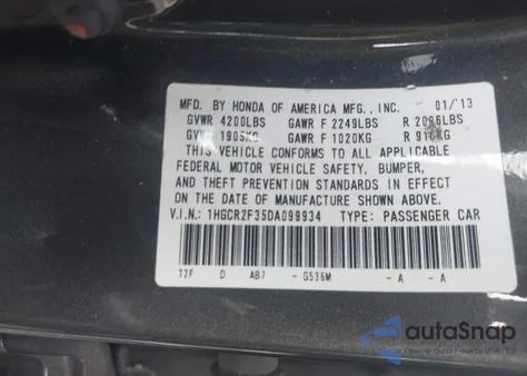 2013 Honda Accord Lx z USA, uszkodzony, nr VIN 1HGCR2F35DA099934